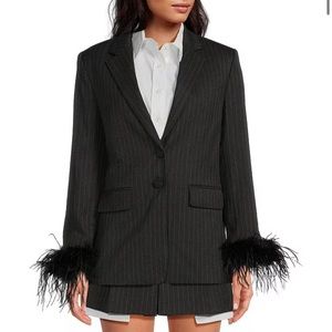 Gianni Bini x Nastia Liukin Val Twill Stripe Long Sleeve Feather Trim Blazer
